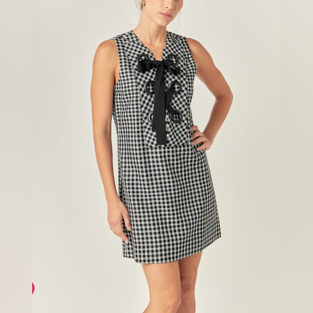 NWT‎ English Factory CHECK SLEEVELESS GROMMET MINI DRESS | Size M